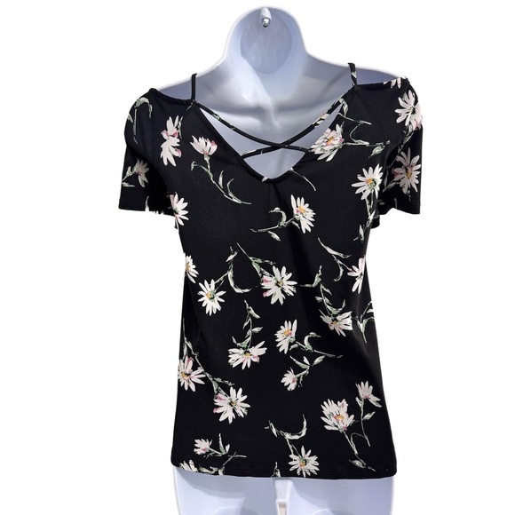 Kaileigh Valette Black With White Daisy Print Cold Shoulder Top Size Medium - Picture 3 of 8